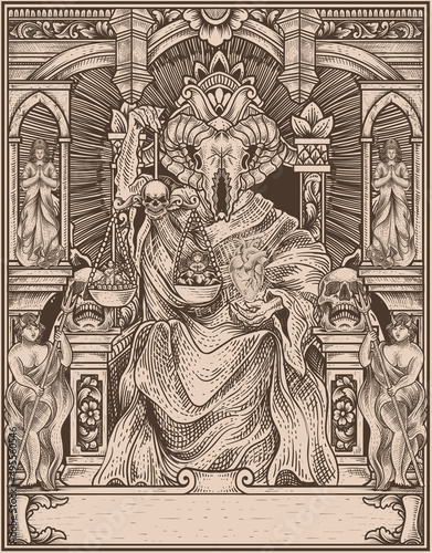 illustration king satan on gothic engraving ornament style