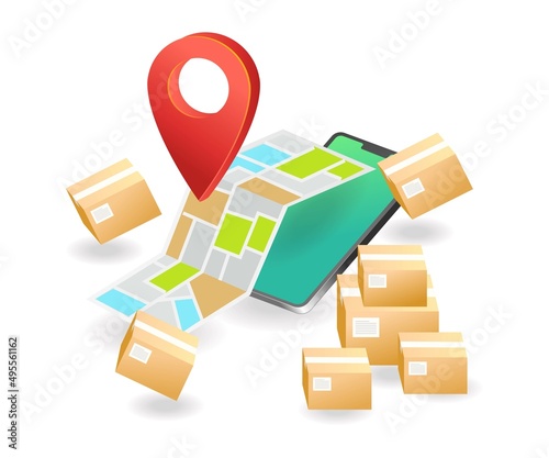 Flat isometric concept illustration. gps delivery app