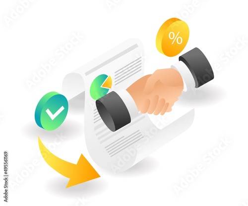 Flat isometric concept illustration. Greetings on a work business agreement paper