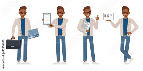 Set of Accountant man wear cream color suit character vector design. Presentation in various action. People working in office planning, thinking and economic analysis.