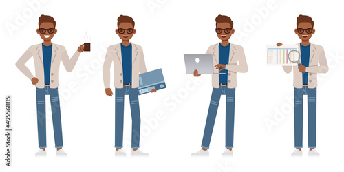 Set of Accountant man wear cream color suit character vector design. Presentation in various action. People working in office planning, thinking and economic analysis.