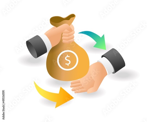 Flat isometric concept illustration. hands giving and receiving money in sacks