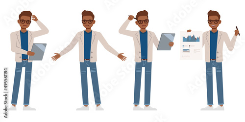 Set of Accountant man wear cream color suit character vector design. Presentation in various action. People working in office planning, thinking and economic analysis.