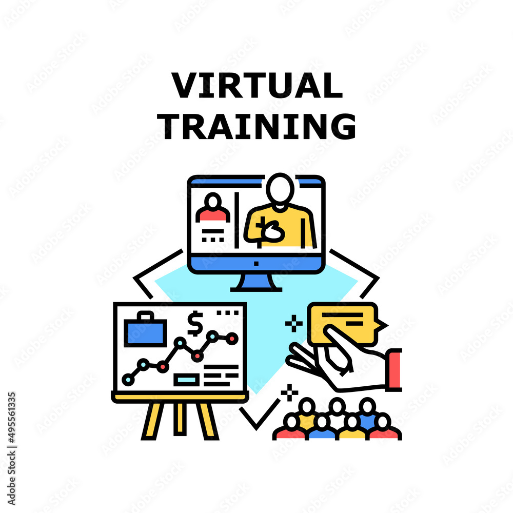 Virtual Training Vector Icon Concept. Virtual Training For Teaching Businessman And Manager In Cyberspace, Audience Listening Teacher Financial Presentation Online Video Call Color Illustration