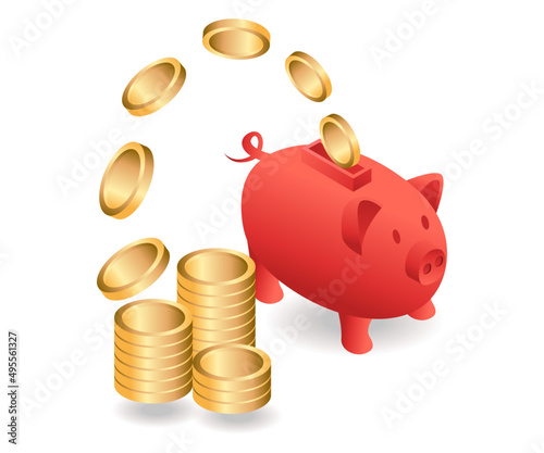Flat isometric concept illustration. piggy bank spend money