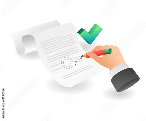 Flat isometric concept illustration. sign the contract acceptance letter