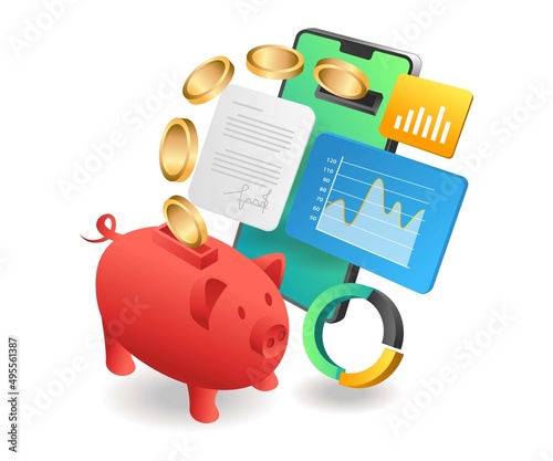 Flat isometric concept illustration. smartphone put money into piggy bank analyst