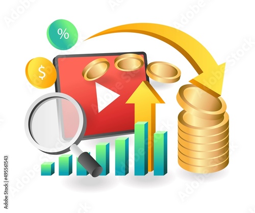 Flat isometric concept illustration. Analytics earn money from video content