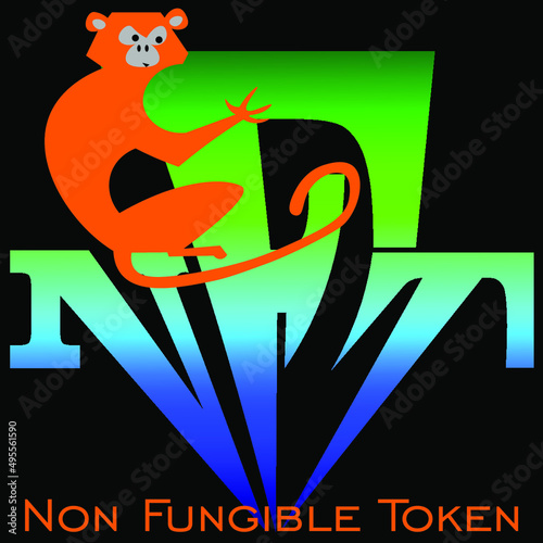 cartoon lettering of the nft logo with a monkey on a dark background