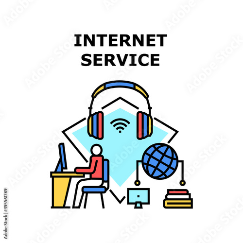 Internet Service Vector Icon Concept. Internet Service For Studying Online, Reading And Listening Audio Book. Student Study At Electronic Computer. Virtual Digital Library Color Illustration