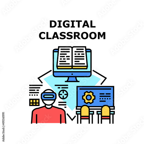 Digital Classroom Vector Icon Concept. Digital Classroom For Remote Studying And Learning Educational Lesson, Student Using Vr Glasses Electronic Technology For Study Color Illustration