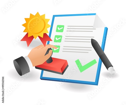 Flat isometric illustration landing page concept. agreement stamp on paper