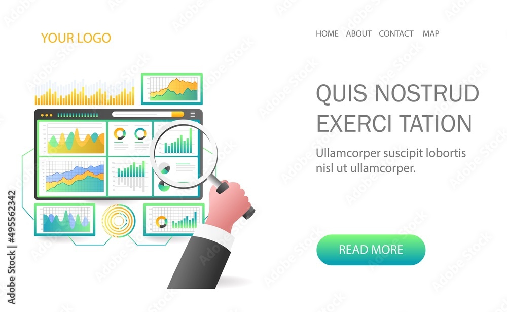 Landing page concept flat isometric illustration. analyze monitoring data Landing page concept flat isometric illustration. analyze monitoring data