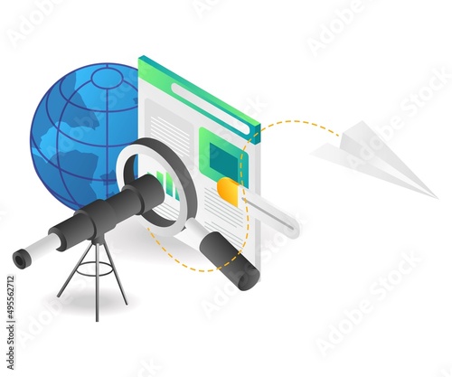 Landing page concept flat isometric illustration. important information finder magnifying glass