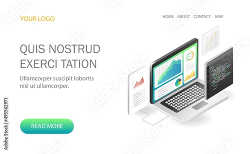 Landing page concept flat isometric illustration. web analysis data program