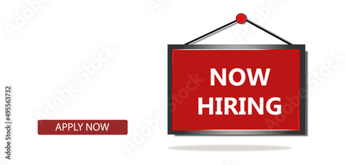 Now hiring 
banner job offer on white background. Employee vacancy announcement.