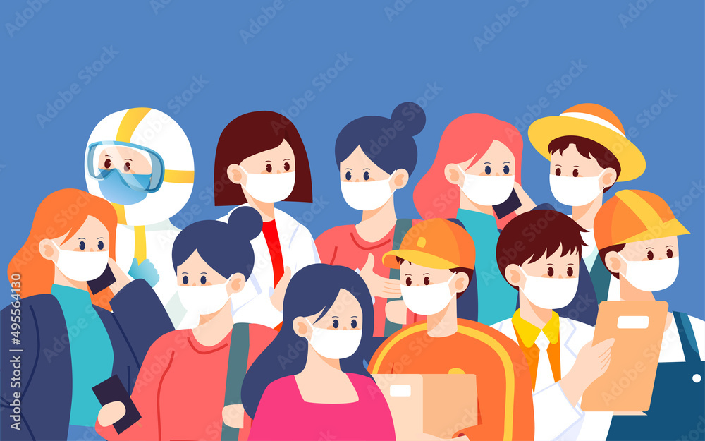 People of various professions are walking with masks, epidemic prevention and control, vector illustration, Chinese translation: wear masks, wash hands frequently People of various professions are walking with masks, epidemic prevention and control, vector illustration, Chinese translation: wear masks, wash hands frequently