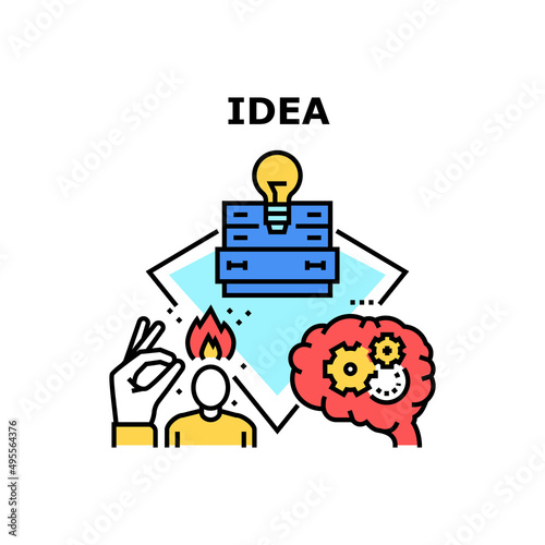 Idea Searching Vector Icon Concept. Businessman Thinking And Idea Searching For Success Startup. Brain Working Process For Creation And Planning Business Or Goal Achievement Color Illustration