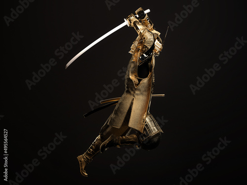 Full body of a golden samurai wielding a sword on dark background. 3D illustration.