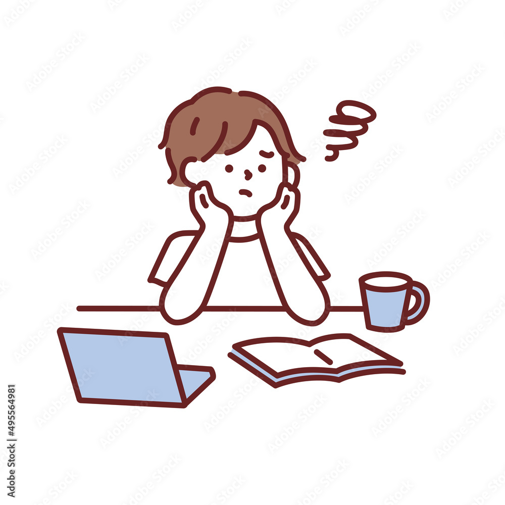 悩む、考えるイラスト(行き詰まる、落ち込む、疲労、ストレス、モチベーション、仕事、失敗、困難、忙しい) Thinking illustration.Stuck, depressed, tired, stressed, motivated, work, failure, difficulty, busy. 悩む、考えるイラスト(行き詰まる、落ち込む、疲労、ストレス、モチベーション、仕事、失敗、困難、忙しい) Thinking illustration.Stuck, depressed, tired, stressed, motivated, work, failure, difficulty, busy.