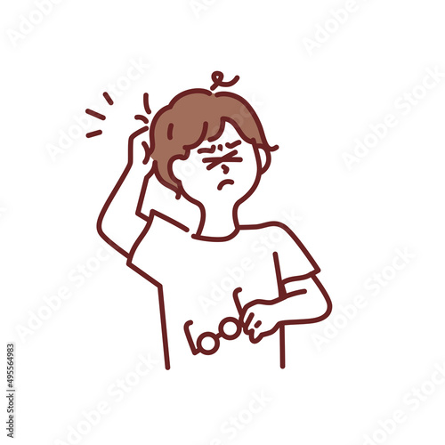 目の疲れ、疲労を表したイラスト(頭痛、ストレス、寝不足、痛み、メガネ) Illustration showing eye fatigue and fatigue.Headache, stress, lack of sleep, pain, glasses.