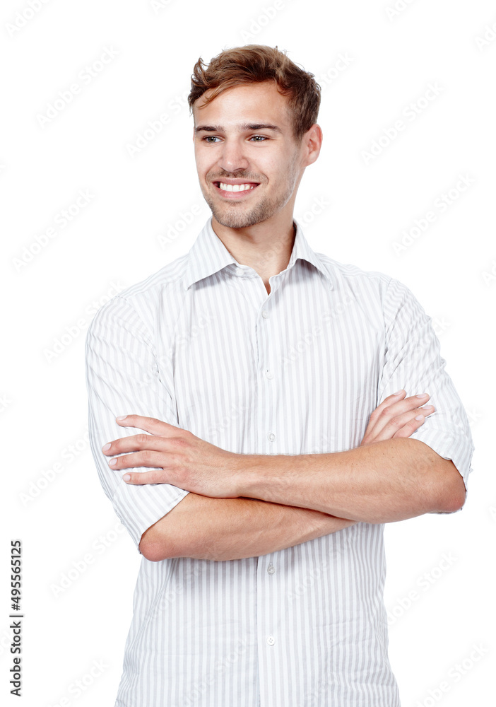 It is what it is. Studio portrait of a young man standing with his arms crossed against a white background.