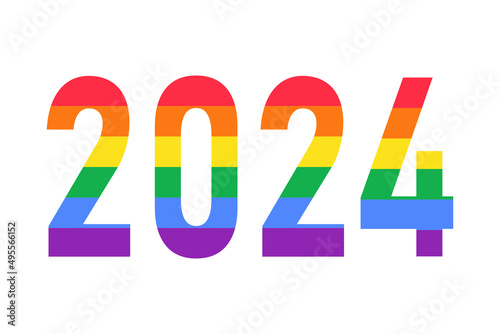 2024 year logo in rainbow LGBTQ flag colors isolated on white. Vector symbol of LGBTQ gay pride month, history month