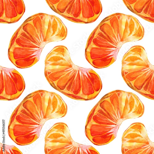 Seamless pattern watercolor citrus fruit orange or tangerine slice on white background. Hand-drawn peeled food for winter or summer, christmas object for menu, wrapping wallpaper, notebook sketchbook
