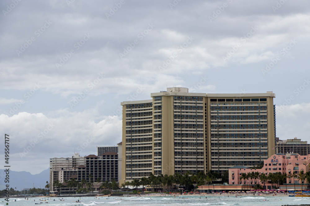 Looking over the many high-rise resorts in Waikiki, a beachfront neighborhood of Honolulu known for its beaches and luxury shops