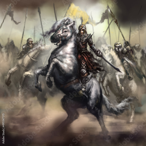 Fényképezés An Arab commander on a horse leads his cavalry into battle, he has a turban on his head and he has a scimitar in his hand