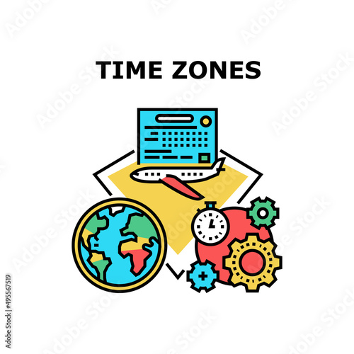 Time Zones World Vector Icon Concept. Time Zones World International Countries And Continent. Changing Hours, Flying Airplane From Europa To America Or From Asia To Africa Color Illustration