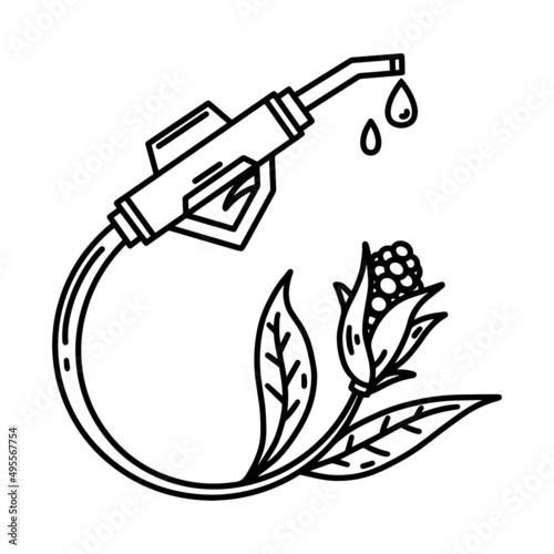 Gasoline or gas pistol with biofuel vector icon. Hand drawn illustration isolated on white background. Green energy from corn. Alternative environmental friendly fuel, monochrome eco sketch