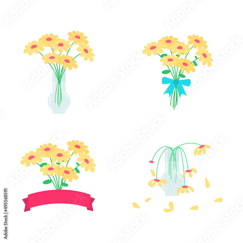 Set of bouquet of daisy flowers with ribbon, bow and in pot of water and dead flowers.