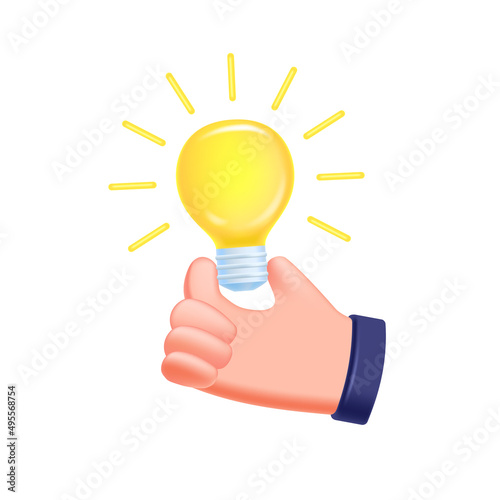 3d light bulb concept idea illustration, enlightenment and thought maturation. Light bulb in hand. Light bulb rendering, business and startup idea. Isolated on a white background. 3D vector graphics