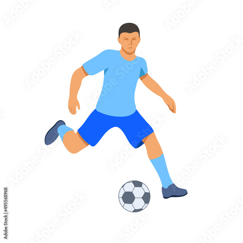 Color illustration of a soccer player with a ball. A soccer player is kicking a ball. A sports game. Isolated on white background. Vector graphics