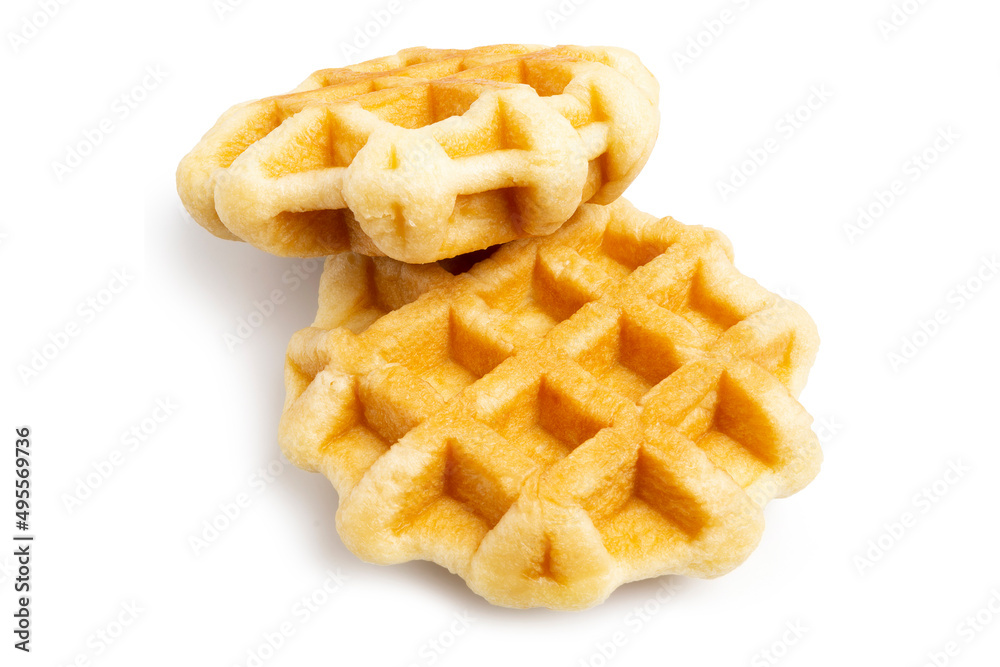 Closeup of Freshly Baked Round Butter Waffles, Belgian breakfast pastry dessert, isolated on white background. Clipping path.
Closeup of Freshly Baked Round Butter Waffles, Belgian breakfast pastry dessert, isolated on white background. Clipping path.