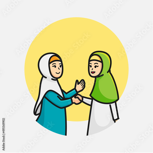 Cute moslem girl doing hand shake celebrating eid mubarak cartoon vector icon illustration