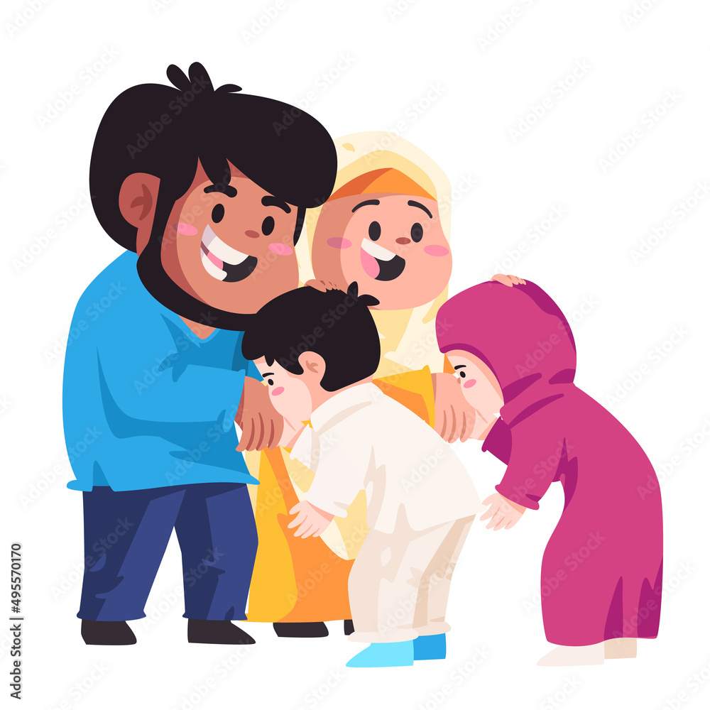 Kids childrean show respect kissing parents hand illustration of ramadan ied islamic gesture tradition to father and mother