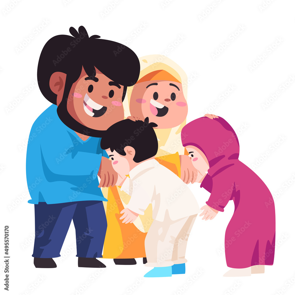 Kids childrean show respect kissing parents hand illustration of ramadan ied islamic gesture tradition to father and mother Kids childrean show respect kissing parents hand illustration of ramadan ied islamic gesture tradition to father and mother