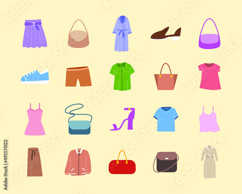 Set of woman clothes icons  cartoon hand drawn illustration design.