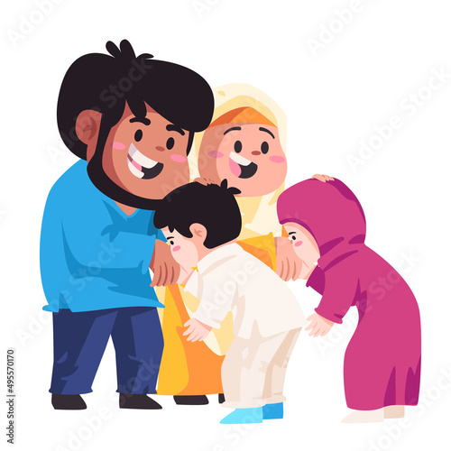 Kids childrean show respect kissing parents hand illustration of ramadan ied islamic gesture tradition to father and mother