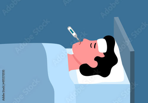 Sick man has fever lying on bed with thermometer in mouth. Guy with cold or flu in flat design. Season allergy.