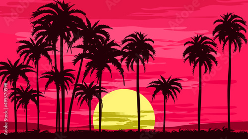 evening on a beach with palm trees. Colorful pictures for summer vacations © Nastudio