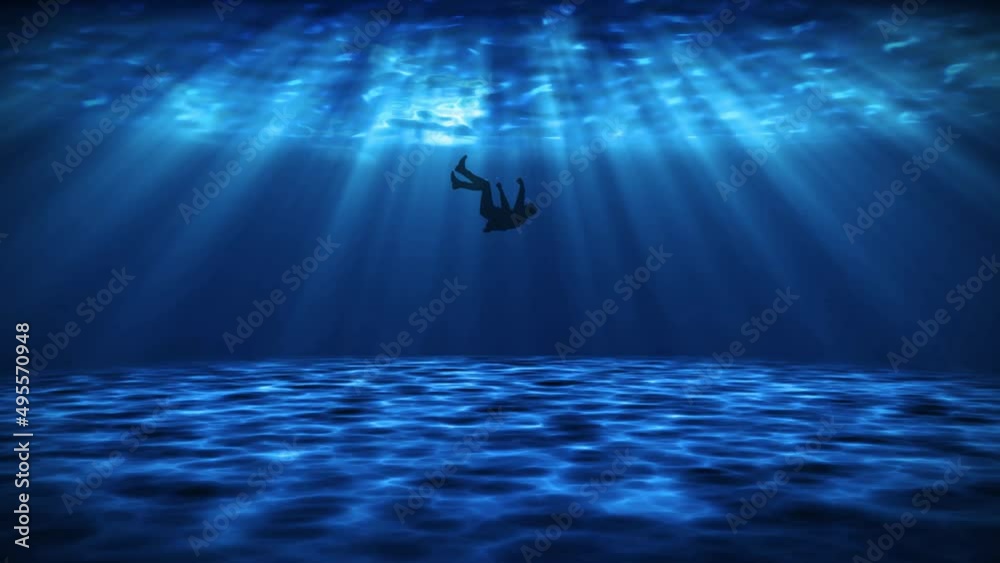 Drowning Man in Deep Ocean Dramatic Scene. The Drowned Person Floating
