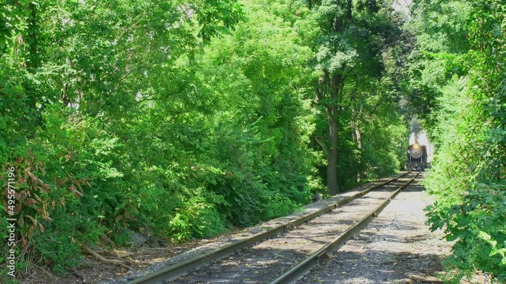 View of An Antique Steam Passenger Train Blowing Smoke and Passing Close Up While Traveling Thru Trees
View of An Antique Steam Passenger Train Blowing Smoke and Passing Close Up While Traveling Thru Trees