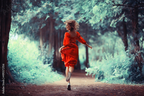 freedom girl spring forest, nature beautiful female in the park