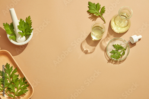 Top view of mugwort decorated with mortar and pestile wooden dish in wooden background for exfoliate advertising 