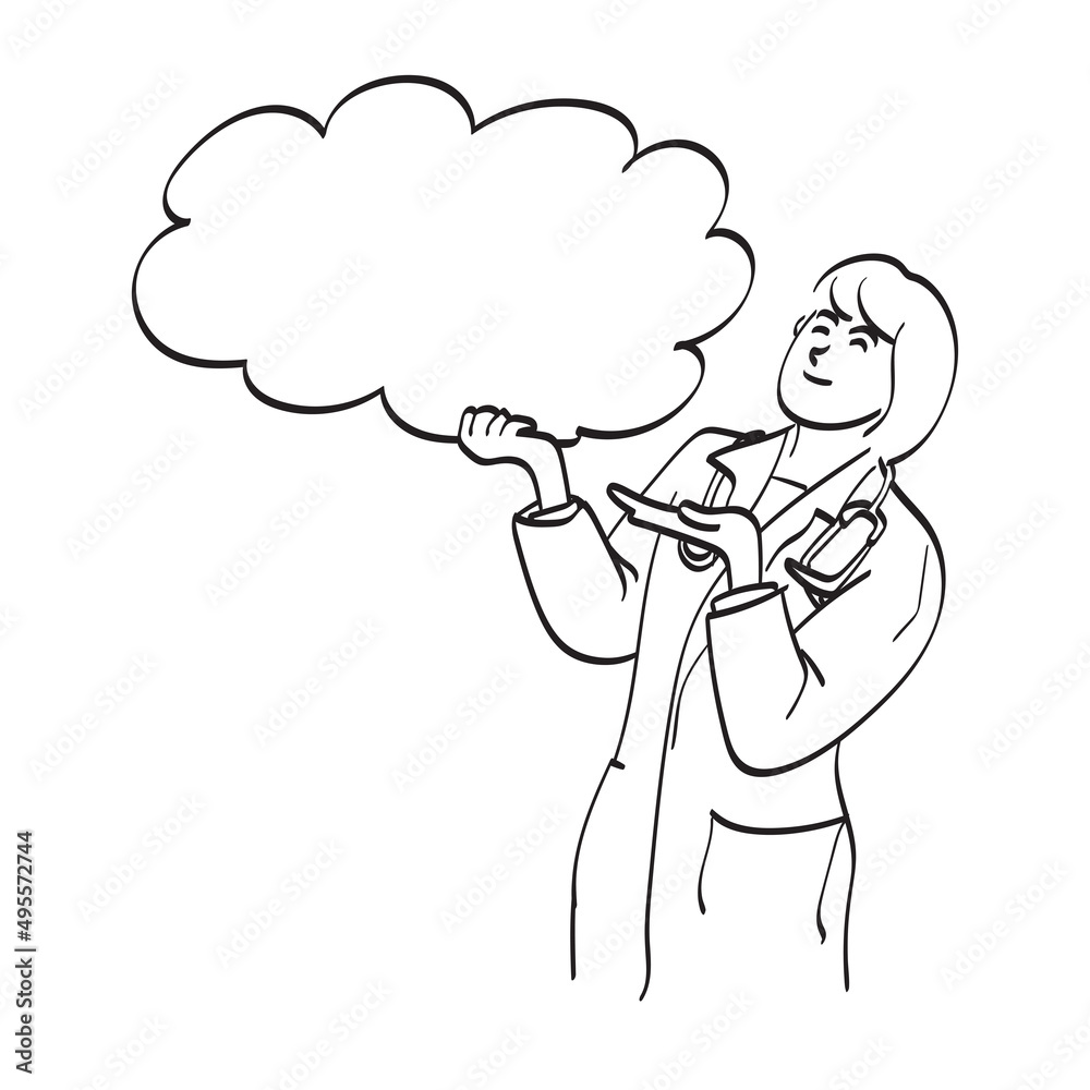 female doctor in uniform coat with stethoscope holding blank bubble speech illustration vector hand drawn isolated on white background line art. female doctor in uniform coat with stethoscope holding blank bubble speech illustration vector hand drawn isolated on white background line art.