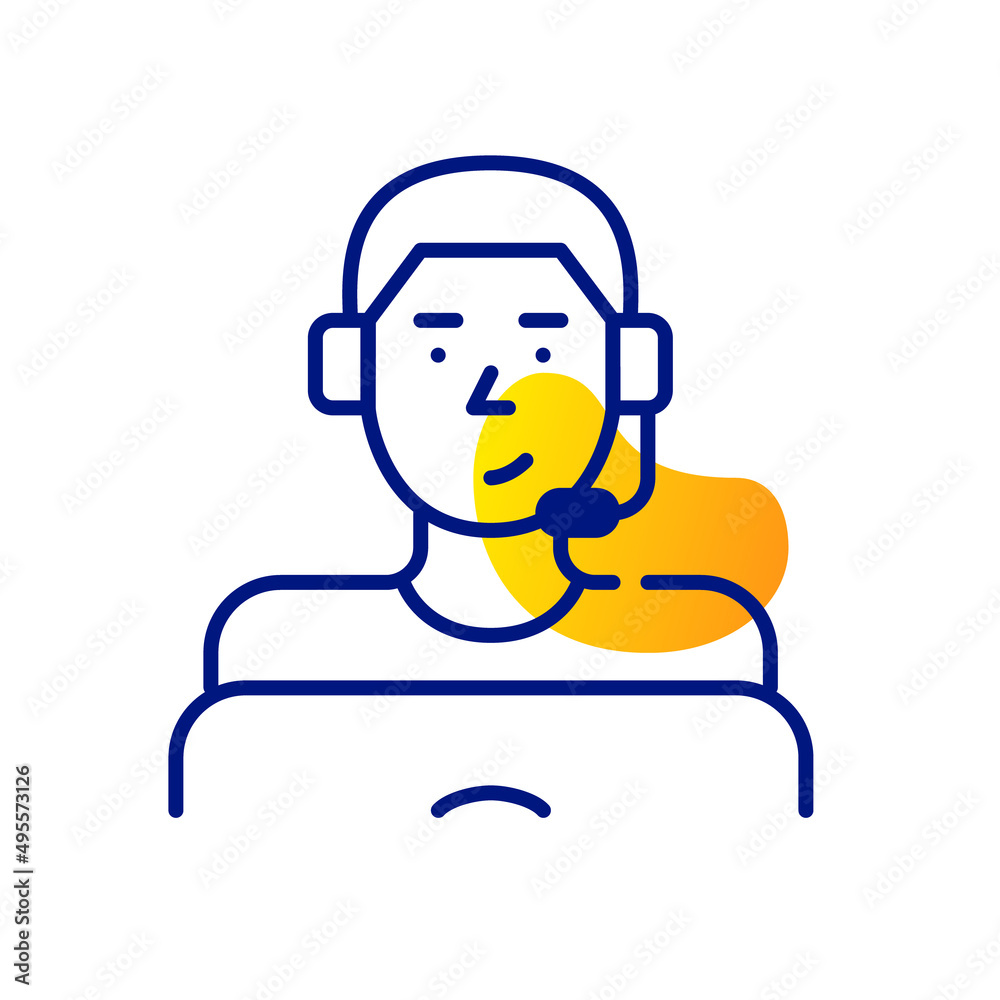 Young man wearing headset working as a call center agent. Pixel perfect, editable stroke fun color icon