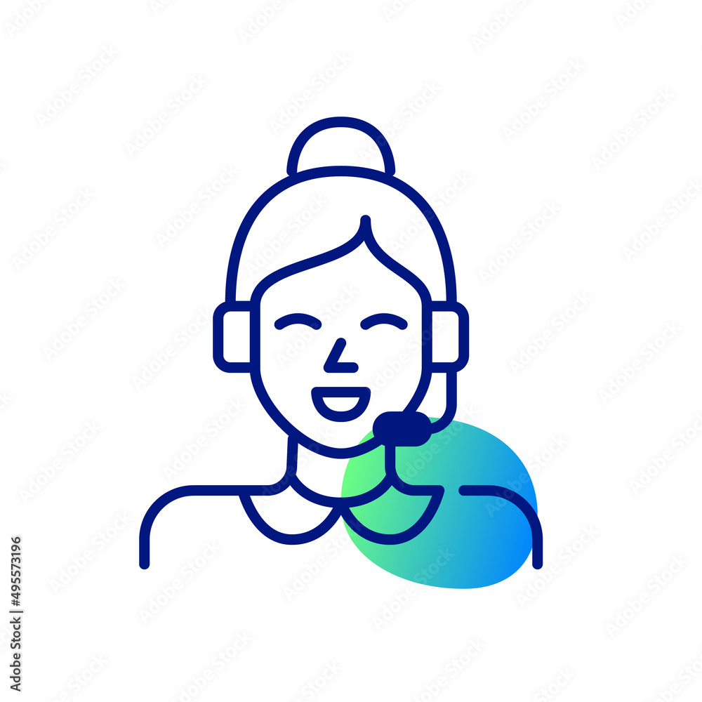 Cute smiling young girl with a headset working at customer support. Pixel perfect, editable stroke, color icon Cute smiling young girl with a headset working at customer support. Pixel perfect, editable stroke, color icon